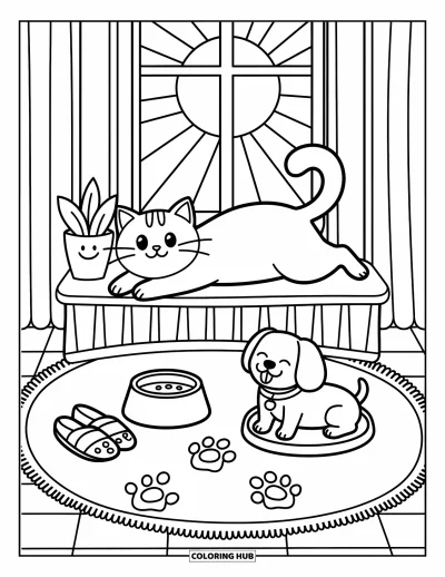 Cat And Dog Coloring Page for Adults: Morning light, soft rugs, and gentle stretches for the cat and dog