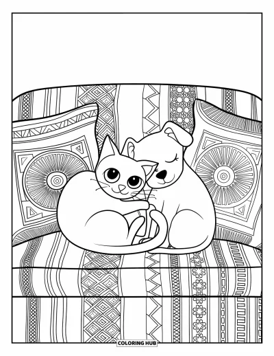 Cat And Dog Coloring Page for Adults: Patterned pillows and cozy corners hug two sleepy friends on the couch