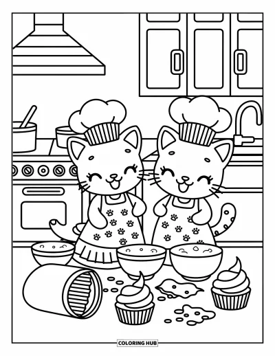 Cat And Dog Coloring Page for Adults: Paw-printed aprons and cupcake fun with two baking besties
