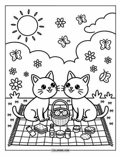 Cat And Dog Coloring Page for Adults: Picnic pals! The cat and dog relax under the sun with treats