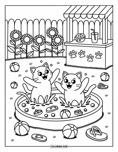 Cat And Dog Coloring Page for Adults: Pool toys, sunflowers, and summer fun for two playful buddies