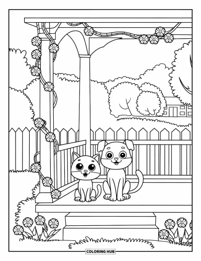 Cat And Dog Coloring Page for Adults: Porch time with flowers, fences, and a calm view beyond