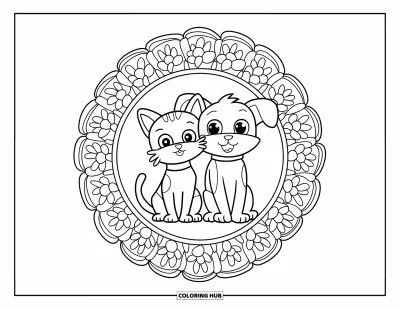 Cat And Dog Coloring Page for Adults: Snuggled together, the cat and dog rest inside a floral mandala