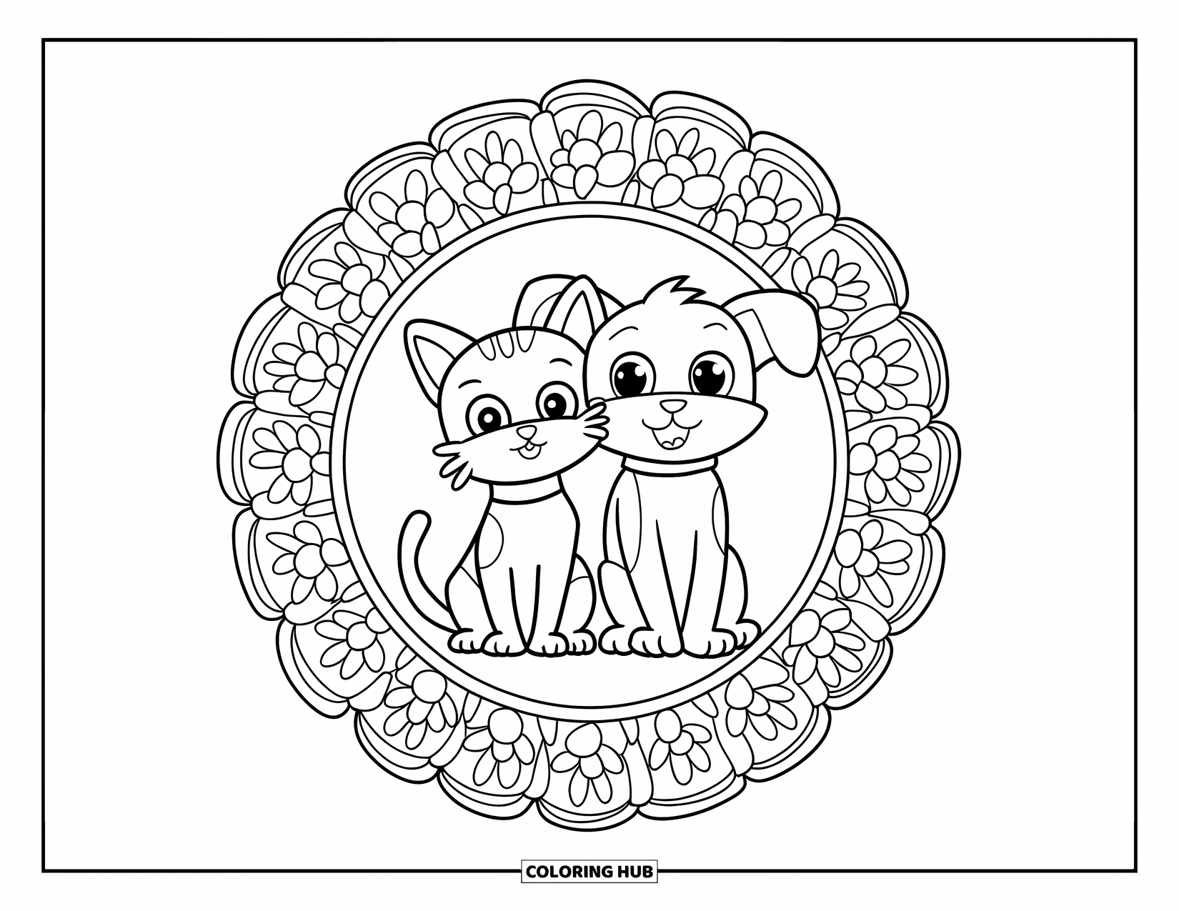 Katten- en hondenkleurplaat voor volwassenen: Lekker knus samen rusten de kat en hond in een bloemenmandala