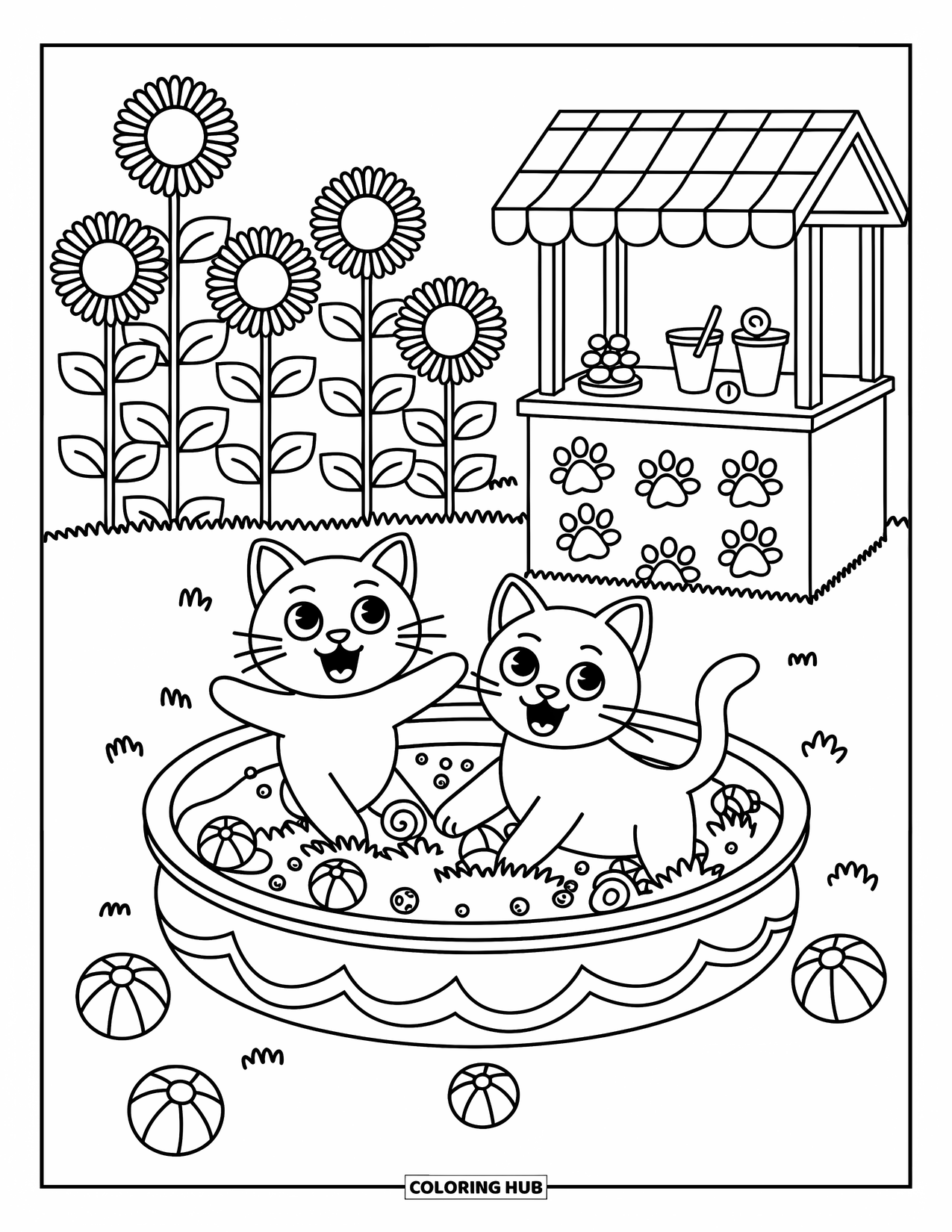 Kleurplaat Kat en Hond Kleurplaat voor Volwassenen: Spetterplezier! De kat en hond spelen in een kinderbadje in de achtertuin