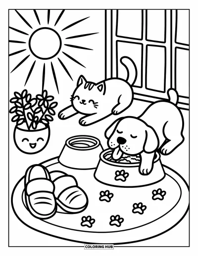 Cat And Dog Coloring Page for Adults: Sunlight streams in as the cat stretches and the dog yawns