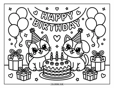 Cat And Dog Coloring Page for Adults: The cat and dog celebrate with cake, balloons, and birthday cheer