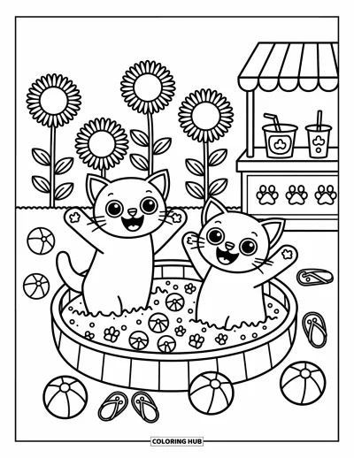 Cat And Dog Coloring Page for Adults: The cat and dog cool off in a bubbly pool on a sunny day