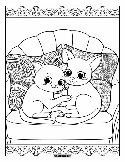 Cat And Dog Coloring Page for Adults: The cat and dog curl up on a couch with detailed pillows