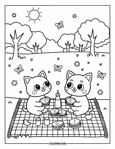 Cat And Dog Coloring Page for Adults: The cat and dog enjoy a sunny picnic with sandwiches and juice