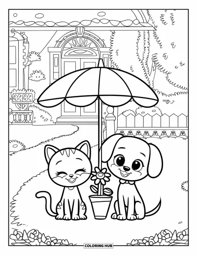 Cat And Dog Coloring Page for Adults: The cat and dog enjoy quiet time in a decorated garden setting