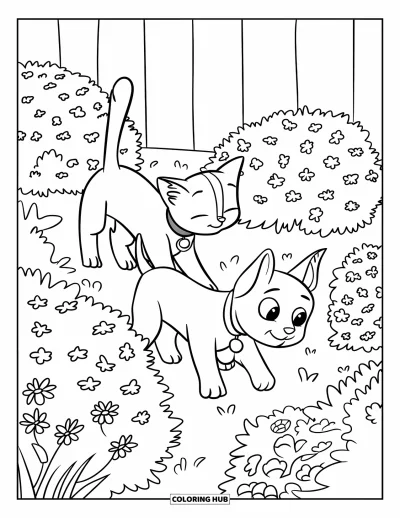Cat And Dog Coloring Page for Adults: The cat and dog explore a garden full of flowers and leafy bushes