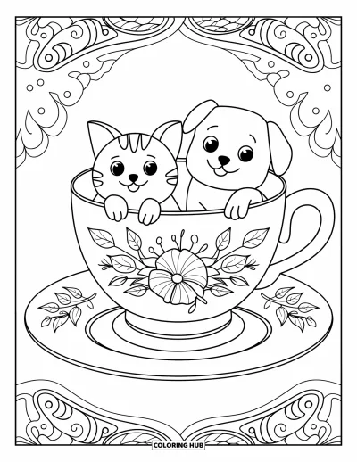 Cat And Dog Coloring Page for Adults: The cat and dog nap inside a giant teacup with floral swirls