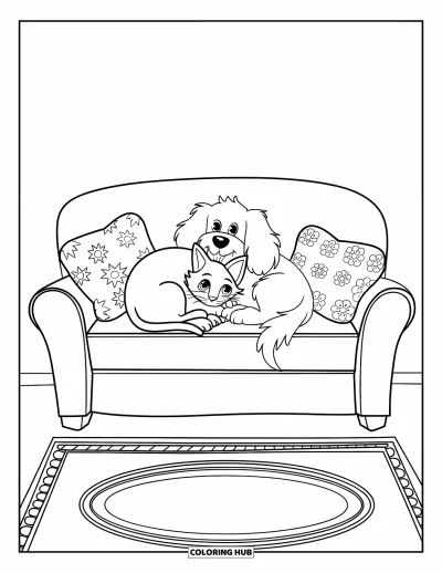 Cat And Dog Coloring Page for Adults: The cat and dog nap on a couch surrounded by calming patterns
