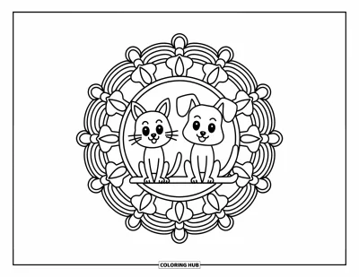 Cat And Dog Coloring Page for Adults: The cat and dog relax at the center of a detailed mandala