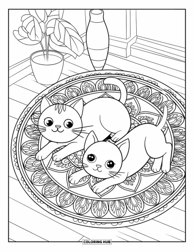 Cat And Dog Coloring Page for Adults: The cat and dog relax on a rug with beautiful mandala patterns