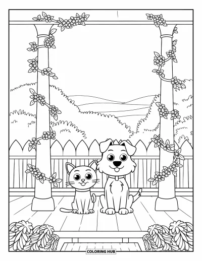 Cat And Dog Coloring Page for Adults: The cat and dog rest together on a flower-lined porch