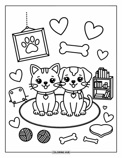 Cat And Dog Coloring Page for Adults: The cat and dog share a warm, fluffy rug and a whole lot of love
