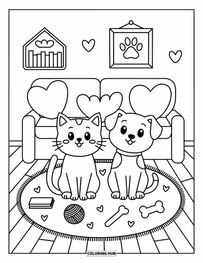 Cat And Dog Coloring Page for Adults: The cat and dog sit on a cozy rug surrounded by heart pillows