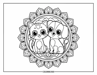 Cat And Dog Coloring Page for Adults: The cat and dog sit peacefully inside a flower-filled mandala