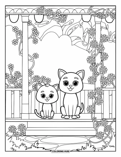 Cat And Dog Coloring Page for Adults: The cat and dog sit quietly on a porch framed by climbing flowers