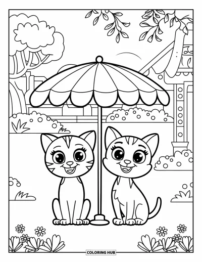Cat And Dog Coloring Page for Adults: The cat and dog sit under a parasol in a flower-filled garden
