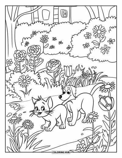 Cat And Dog Coloring Page for Adults: The cat and dog wander through flowers of every shape and color