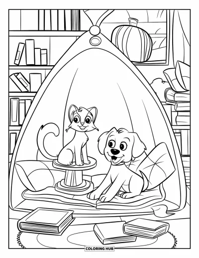 Cat And Dog Coloring Page for Adults: The cat lounges and the dog rests in a peaceful reading nook