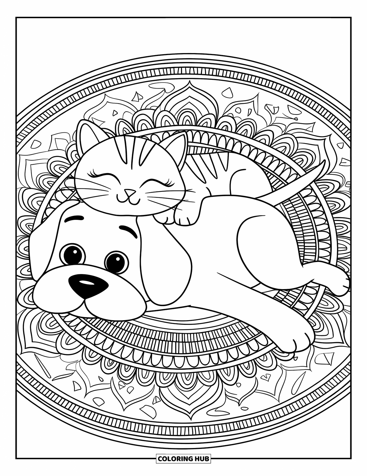 Katten- en hondenkleurplaat voor volwassenen: De kat rust op de rug van de hond op een kleed met patroon