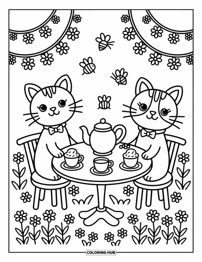 Cat And Dog Coloring Page for Adults: Tiny cupcakes and tea bring smiles to the cat and dog in the garden