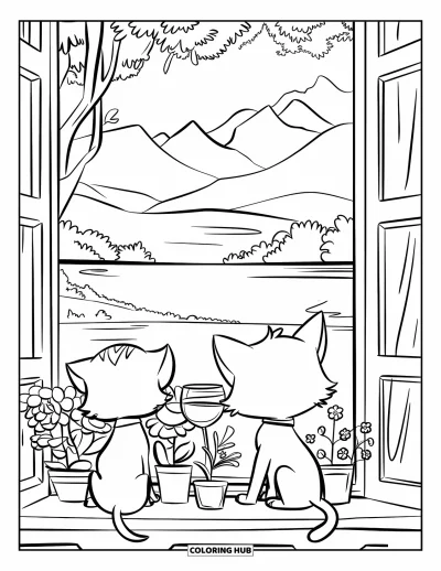 Cat And Dog Coloring Page for Kids: A cat and dog gaze out a window filled with flowers and a scenic view