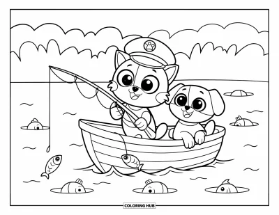 Cat And Dog Coloring Page for Kids: A cat and dog go fishing on a little boat with fish jumping nearby
