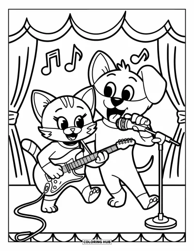 Cat And Dog Coloring Page for Kids: A cat and dog jam out together on a stage full of music notes