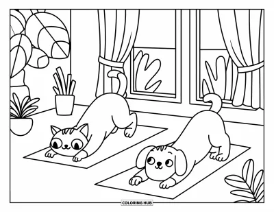 Cat And Dog Coloring Page for Kids: A cat and dog stretch on yoga mats in a peaceful indoor space