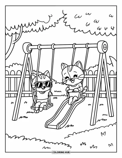 Cat And Dog Coloring Page for Kids: A cool cat and dog enjoy playtime at the sunny park
