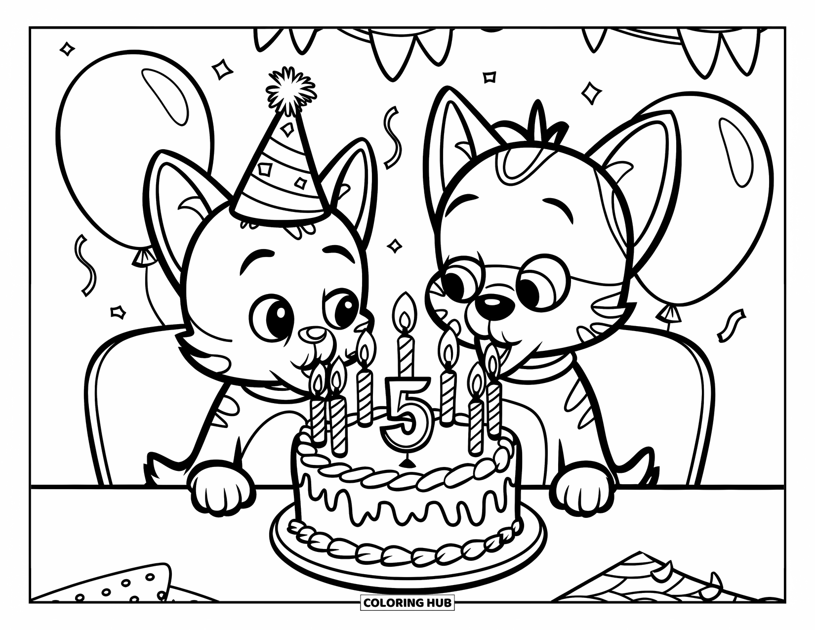 Kleurplaat Kat en Hond voor Kinderen: Een feestelijke scène met een verjaardagstaart, kaarsen en lachende gezichten
