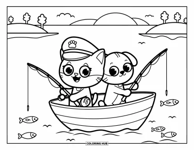 Cat And Dog Coloring Page for Kids: A fishing trip with a cat in a captain's hat and a calm, sunny lake