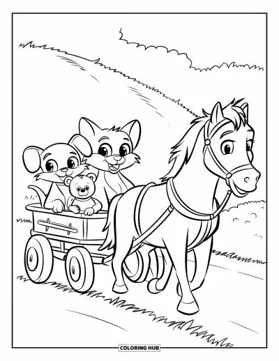 Cat And Dog Coloring Page for Kids: A happy cat and dog enjoy a wagon ride through a flower-filled field