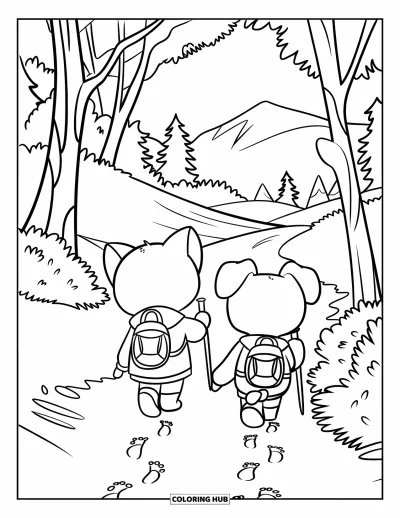 Cat And Dog Coloring Page for Kids: A nature walk with a cat in a jacket and a dog on a trail