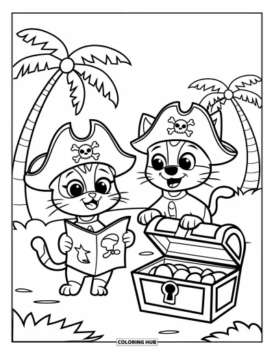 Cat And Dog Coloring Page for Kids: A pirate cat and dog explore a tropical island in search of treasure