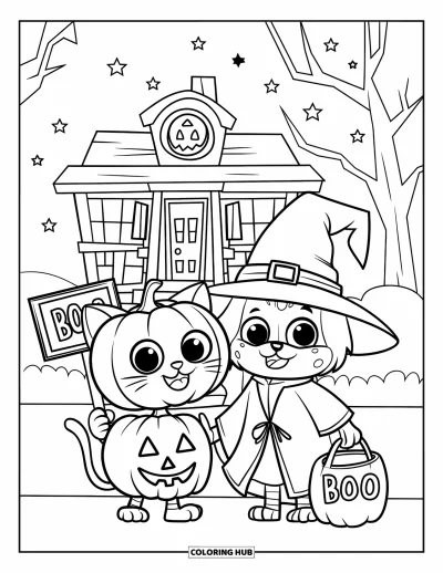 Cat And Dog Coloring Page for Kids: A pumpkin cat and wizard dog trick-or-treat under a starry sky