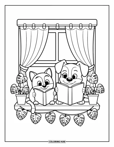 Cat And Dog Coloring Page for Kids: A quiet reading moment with the cat and dog by the window