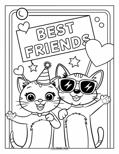 Cat And Dog Coloring Page for Kids: A snapshot moment with the cat in a hat and the dog in sunglasses
