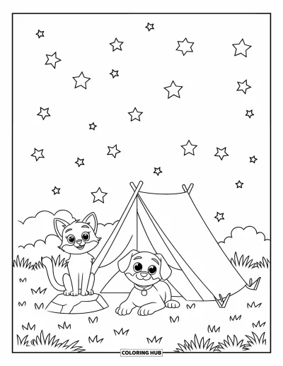 Cat And Dog Coloring Page for Kids: A starlit night as the cat and dog relax near their campsite