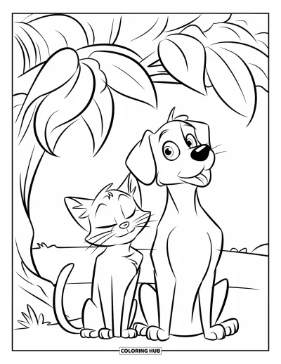 Cat And Dog Coloring Page for Kids: A sweet moment as the cat gently rests its paw on the dog's head