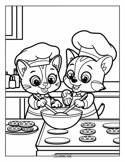 Cat And Dog Coloring Page for Kids: Baking time! The cat stirs while the dog mixes with big smiles
