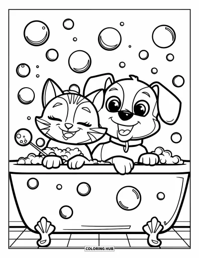 Cat And Dog Coloring Page for Kids: Bathtime fun! The cat holds a bubble wand while the dog smiles