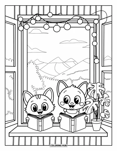 Cat And Dog Coloring Page for Kids: Book buddies! A cat and dog read quietly beside potted plants