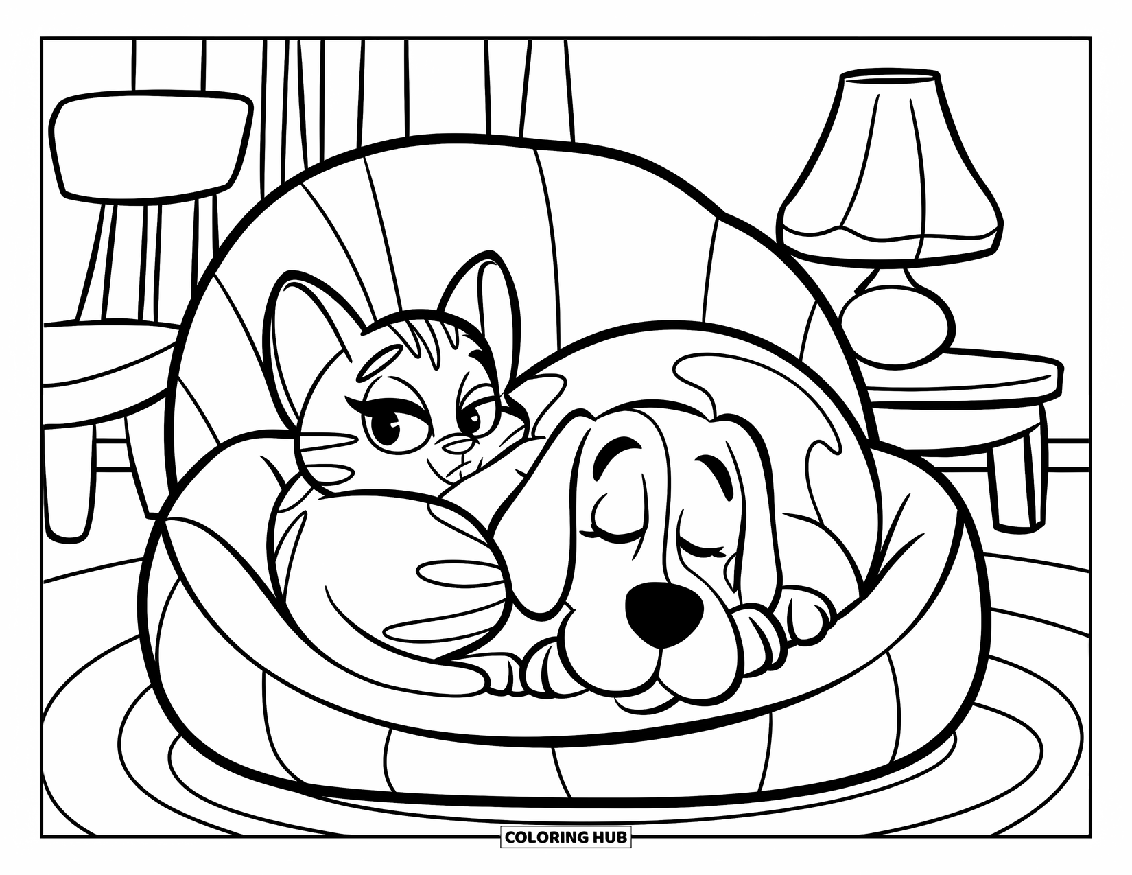 Kleurplaat Kat en Hond voor Kinderen: Gezellige vrienden! De kat kijkt toe terwijl de hond zachtjes snurkt