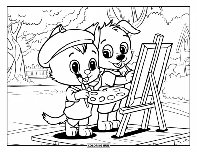 Cat And Dog Coloring Page for Kids: Creative pals! The cat and dog paint outside with trees all around